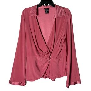Eci New York Vintage Silk Blouse 14 Pink Long Sleeve Faux Wrap Y2K